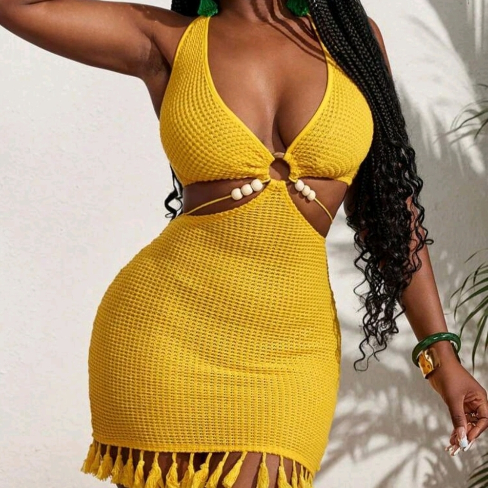 Yellow Halter Cutout Dress with Fringe